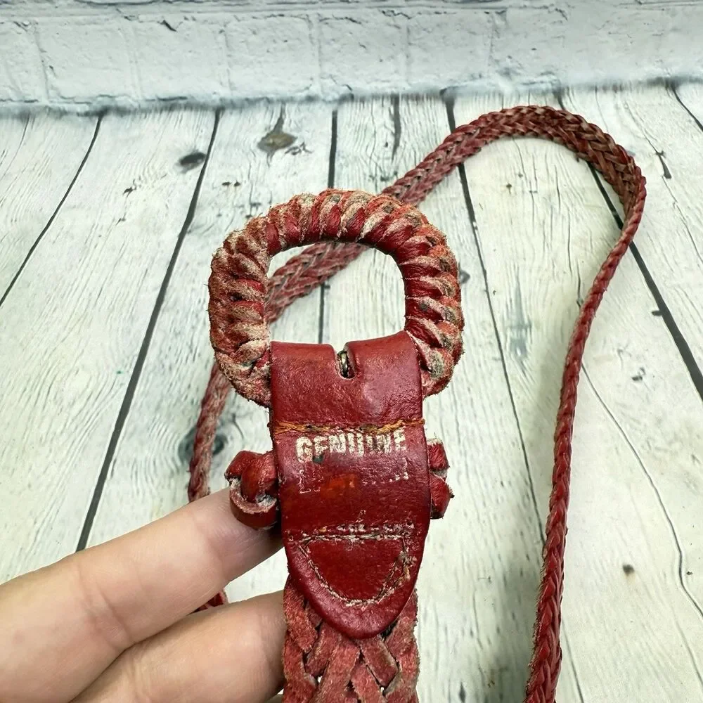 Vintage Red Woven Leather Belt Women Size Large Braided Boho Adjustable 43